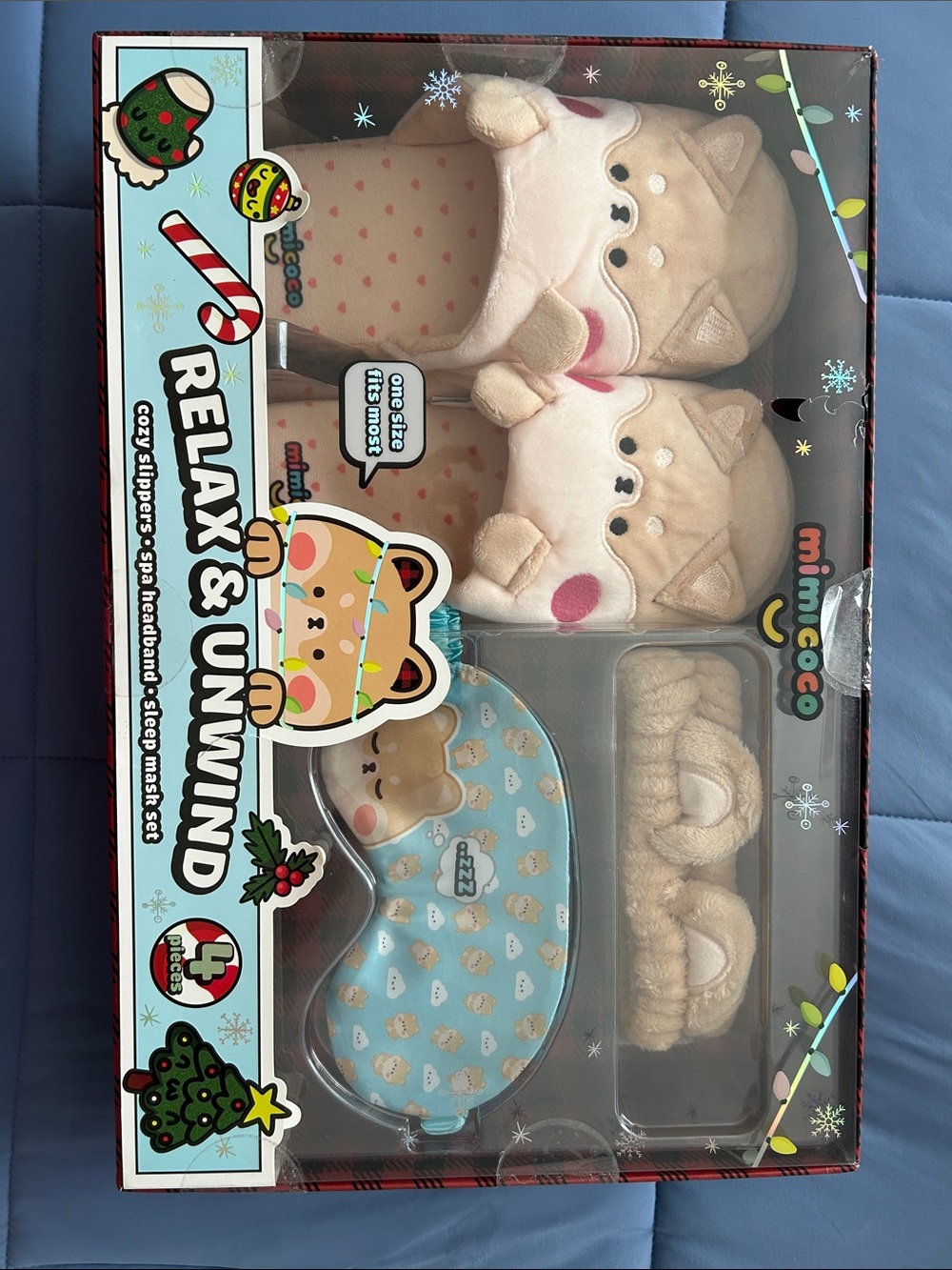 MIMI & COCO Beige Plush Animal Slippers with Matching Sleep Mask & Headband